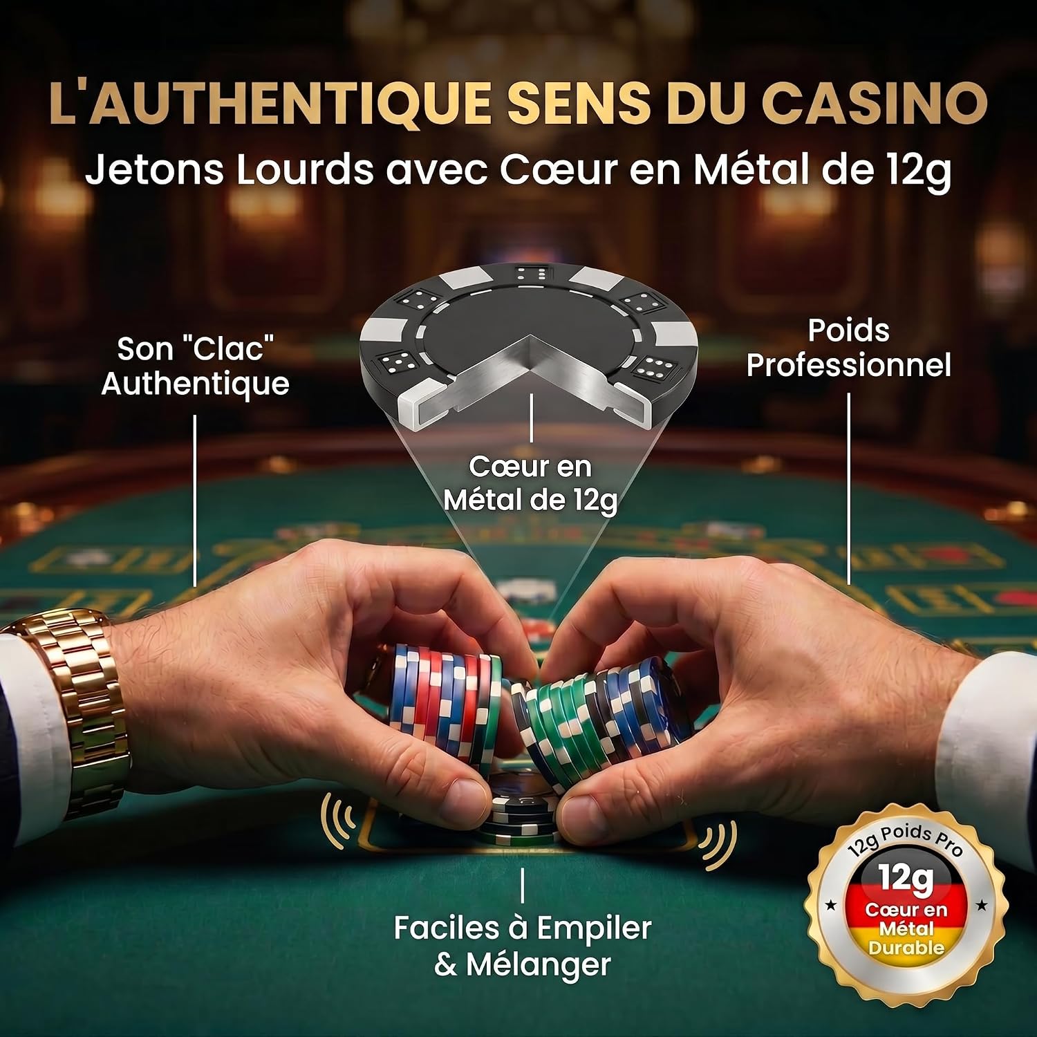 GOODS+GADGETS® Mallette Poker 500 Jetons - Jeu de Poker Complet - Mallette aluminium verrouillable, 2 jeux de cartes, 5 dés, bouton dealer - coloris or, argent ou noir Or 500 Jetons