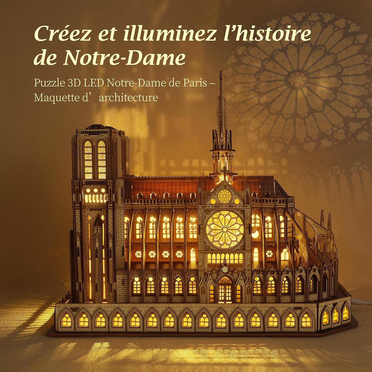 Puzzle 3D en Bois LED Notre Dame de Paris – Modèle Architectural Lumineux pour décoration intérieure et Collection