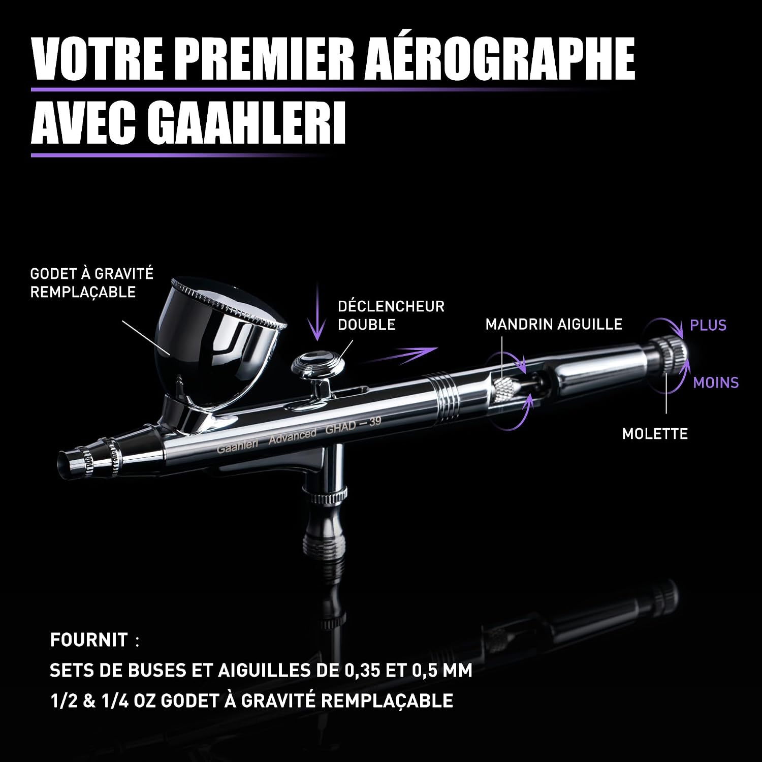 Aérographe, Kit d'aérographe avec Déclencheur double, Godet à gravité 1/2 et 1/4, Aiguille 0.35mm & 0.5mm, Séries Advanced GHAD-39