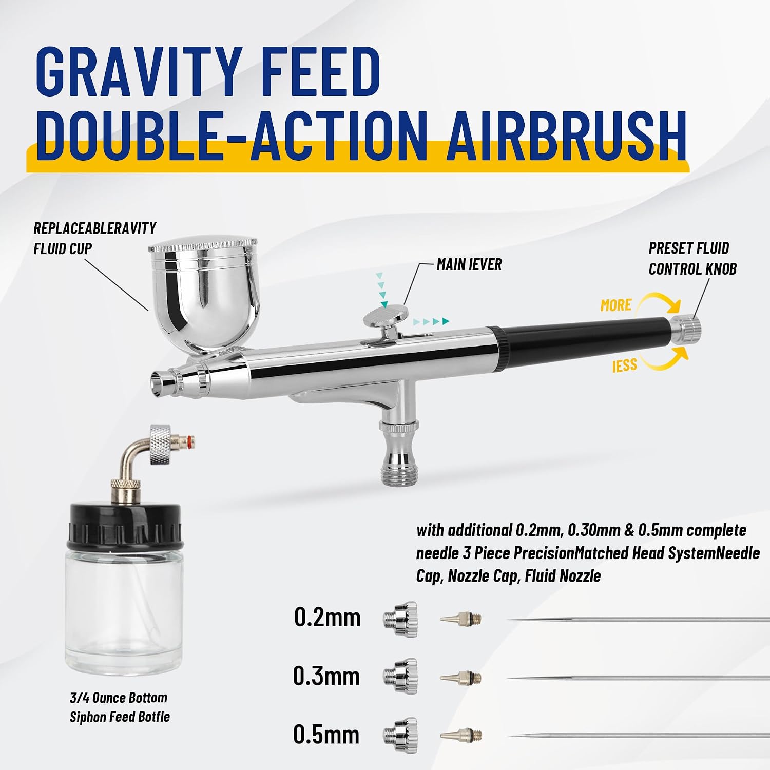 Fengda FE-134K Professionnel Pistolet aerographe kit / double action / avec aiguille de 0,2 / 0,3 / 0,5 buse et tuyau.