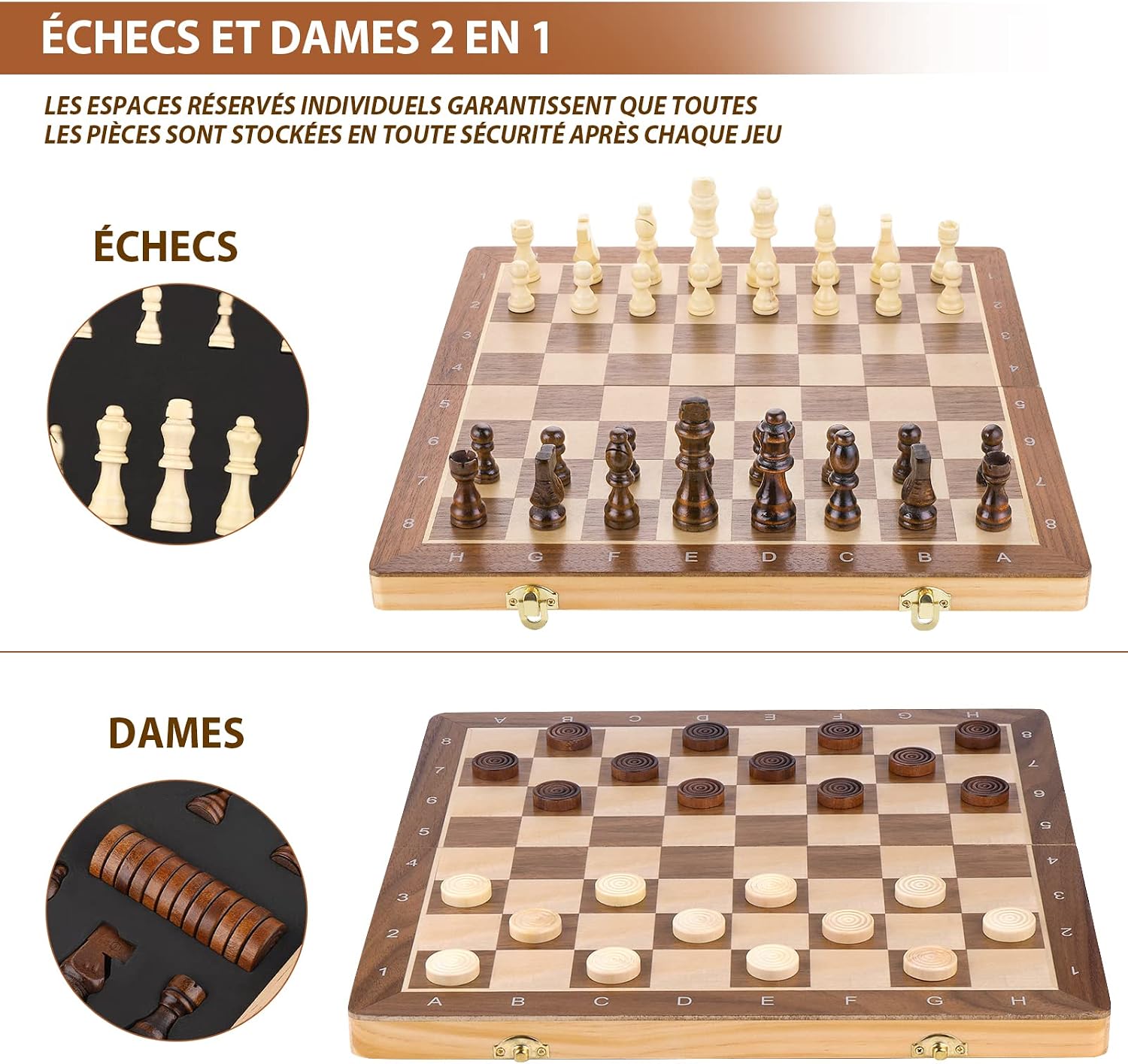 Jeu d'échecs et Dames 2 en 1 Echiquier en Bois Magnétiques, avec Double Dames, Pour Voyage Pliables, Jouets et Cadeaux de Jeux Éducatifs pour Adultes et Enfants (38 X 38CM)