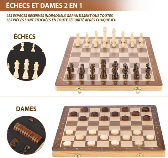 Jeu d'échecs et Dames 2 en 1 Echiquier en Bois Magnétiques, avec Double Dames, Pour Voyage Pliables, Jouets et Cadeaux de Jeux Éducatifs pour Adultes et Enfants (38 X 38CM)
