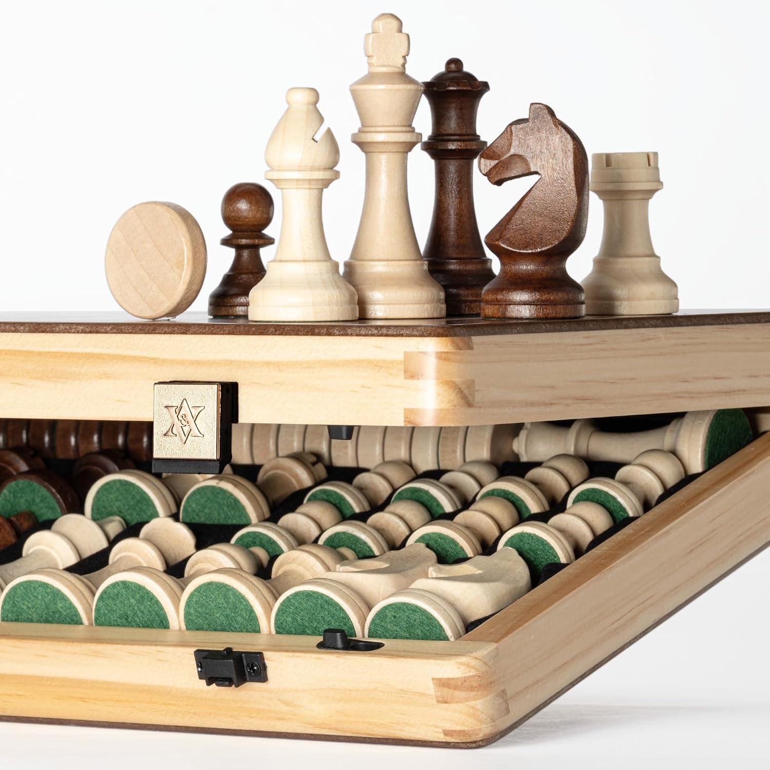 A&A Jeu d'échecs magnétique pliable en bois de 38,1 cm avec pièces d'échecs Staunton de 7,6 cm de hauteur - boîte en pin avec incrustation en acajou et érable Échecs et dames - Pièces magnétiques