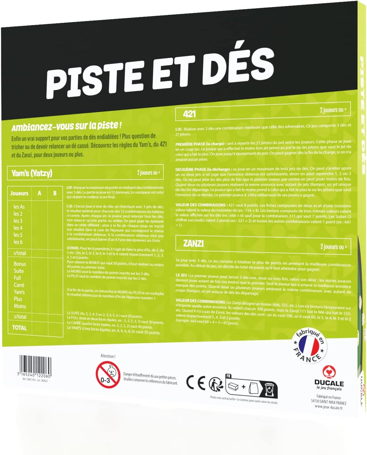 Piste de Dés de 33 cm avec 5 Dés de Yam's et 21 Jetons - Plateau de Jeu Traditionnel pour Yams et 421 - Revêtement Feutrine Silencieux - Format Compact Idéal Famille et Amis