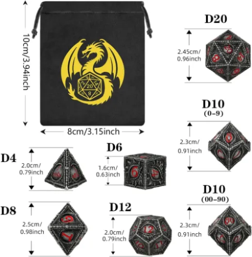 Lot de 7 Dés DND en Métal, Thème œil de Dragon, DND Dés Polyédriques en Métal, D20 D12 D10(00-90, 0-9) D8 D6 D4, pour Jeu de Rôle, Jeu de Société RPG, Cadeaux D&D avec Sac Cadeau, Rouge, Noir, Argent Noir + Rouge + Argent