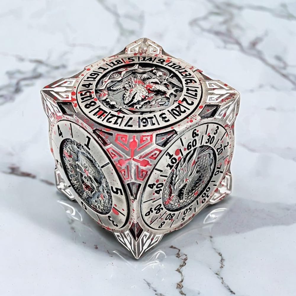 Jeu de dés rotatifs pour DND, 7 en 1 en métal cubique fantaisie avec relief 3D pour donjons et dragons, dés polyédriques, jeu de rôle fantaisie D&D, RPG