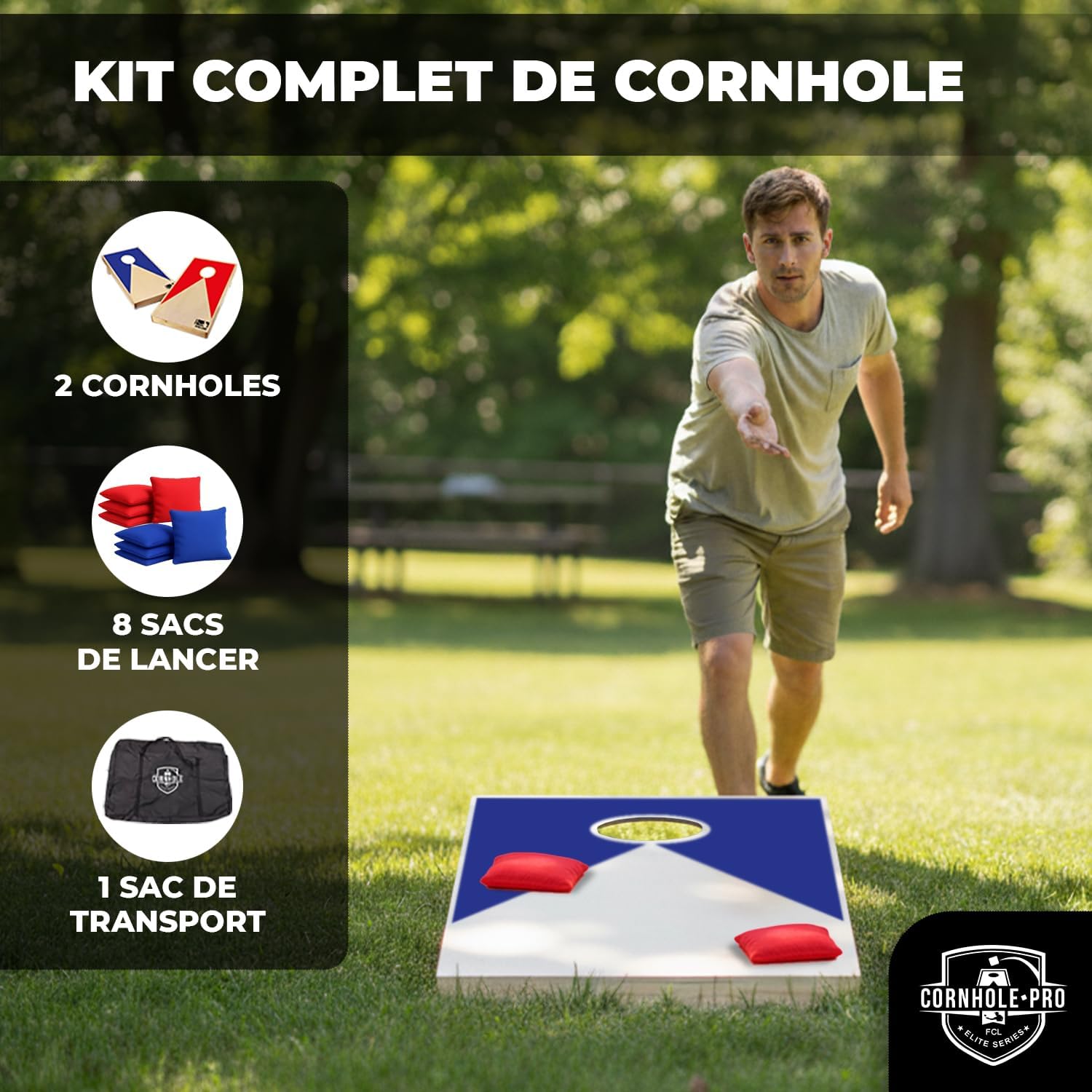 Cornhole Officiel en Bois – 90×60 cm – Plateaux Premium + 8 Sacs – Set Complet avec Housse de Transport – Jeu Extérieur Enfant Adulte pour Jardin, Plage, Camping – Original Corner Cornhole en Bois Rouge et Bleu