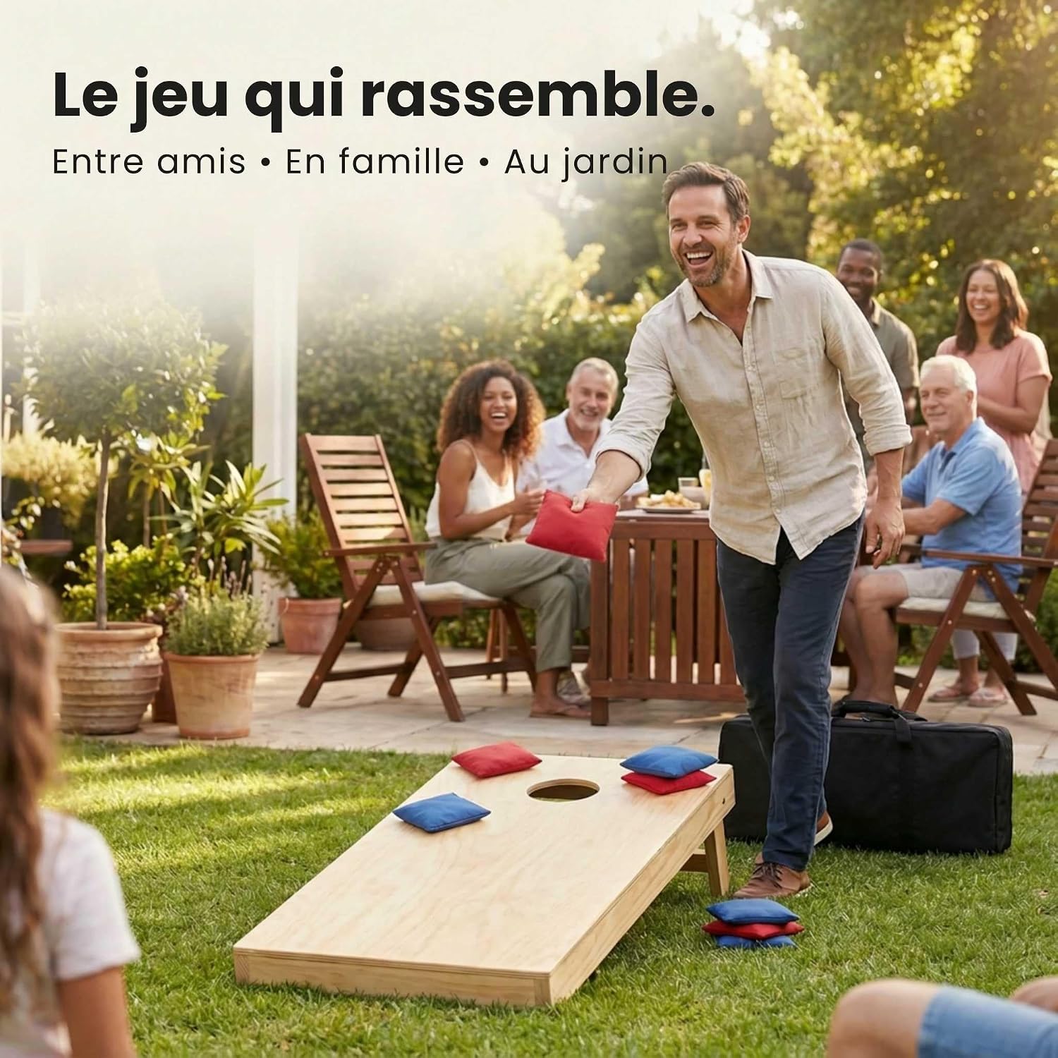 Cornhole - Set Complet Officiel en Bois avec 2 Planches, 8 Sacs & Housse - Jeu de Lancer extérieur pour Adultes & Enfants - Idéal Jardin & Plage 90 x 60 cm (avec Sac de transport)