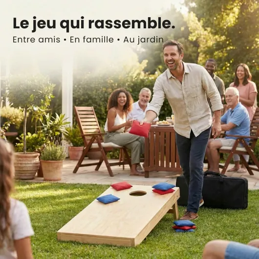 Cornhole - Set Complet Officiel en Bois avec 2 Planches, 8 Sacs & Housse - Jeu de Lancer extérieur pour Adultes & Enfants - Idéal Jardin & Plage 90 x 60 cm (avec Sac de transport)