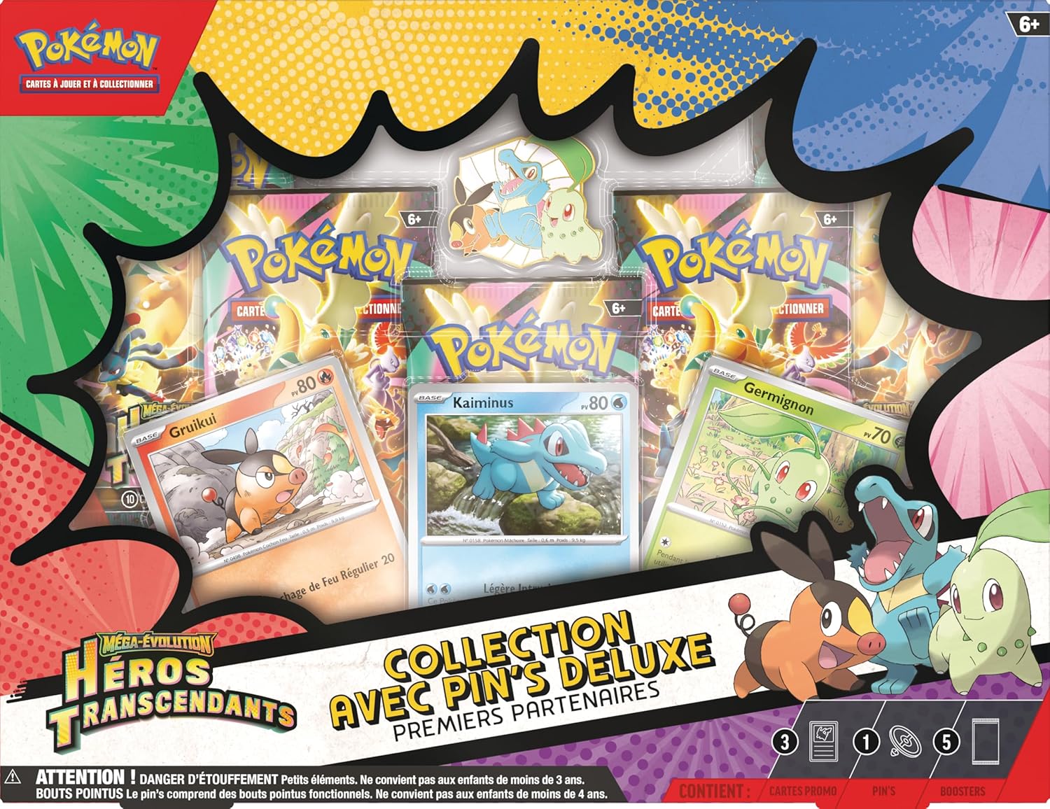 : Collection avec pin’s Deluxe Premiers Partenaires Méga-Évolution – Héros Transcendants (3 Cartes Promo Brillantes, 1 pin’s Deluxe et 5 boosters)