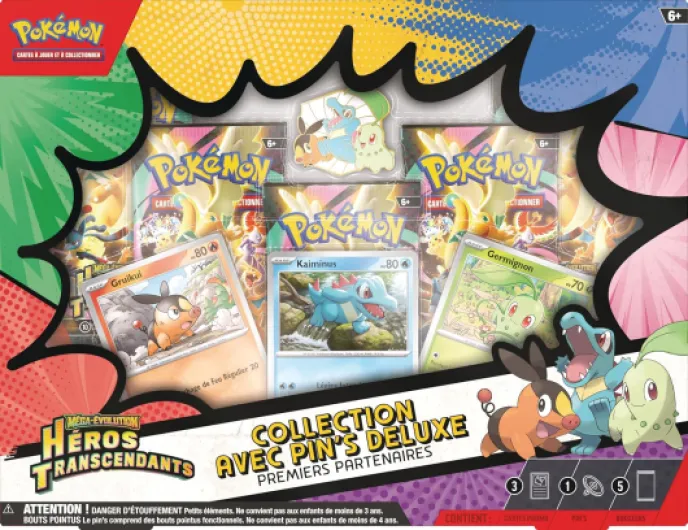 : Collection avec pin’s Deluxe Premiers Partenaires Méga-Évolution – Héros Transcendants (3 Cartes Promo Brillantes, 1 pin’s Deluxe et 5 boosters)