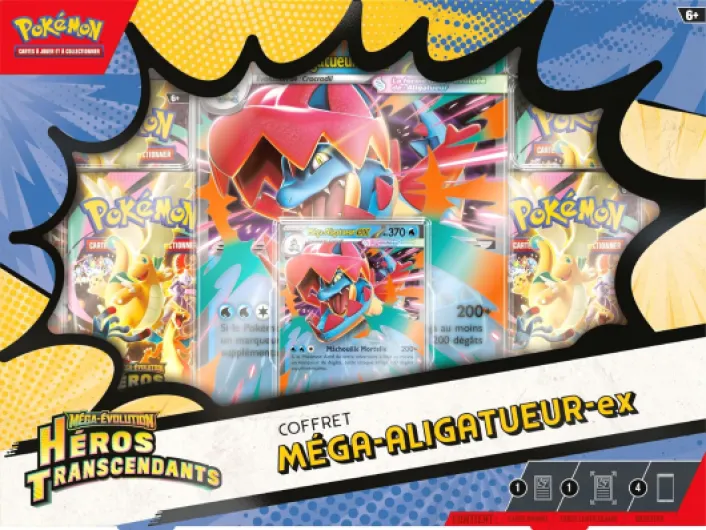 : Coffret Méga-Évolution – Héros Transcendants – Méga-Aligatueur-ex (1 Carte Promo Brillante, 1 Carte Grand Format lenticulaire et 4 boosters)