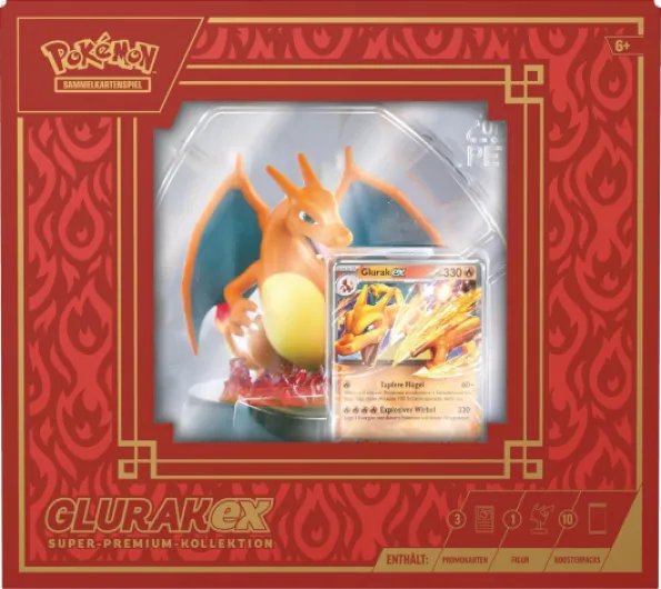 Jeu de Cartes à Collectionner : Collection Super Premium Glurak-ex (3 Cartes holographiques, 1 Figurine d'affichage de Cartes et 10 boosters)